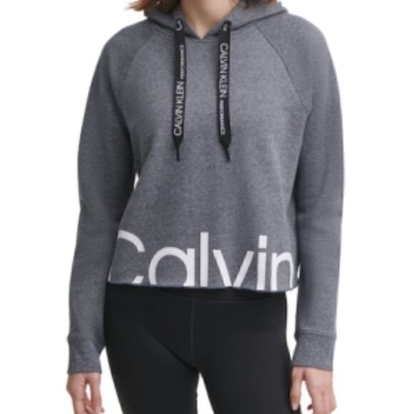 Calvin Klein Performance Logo Cropped Hoodie In Black Heather - Picture 1 of 8